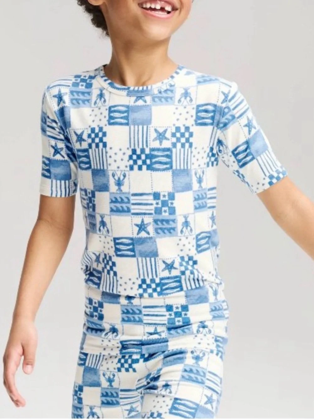 Boy’s size 10 Blue and White Patchwork Print Kids Top & Biker Shorts Set